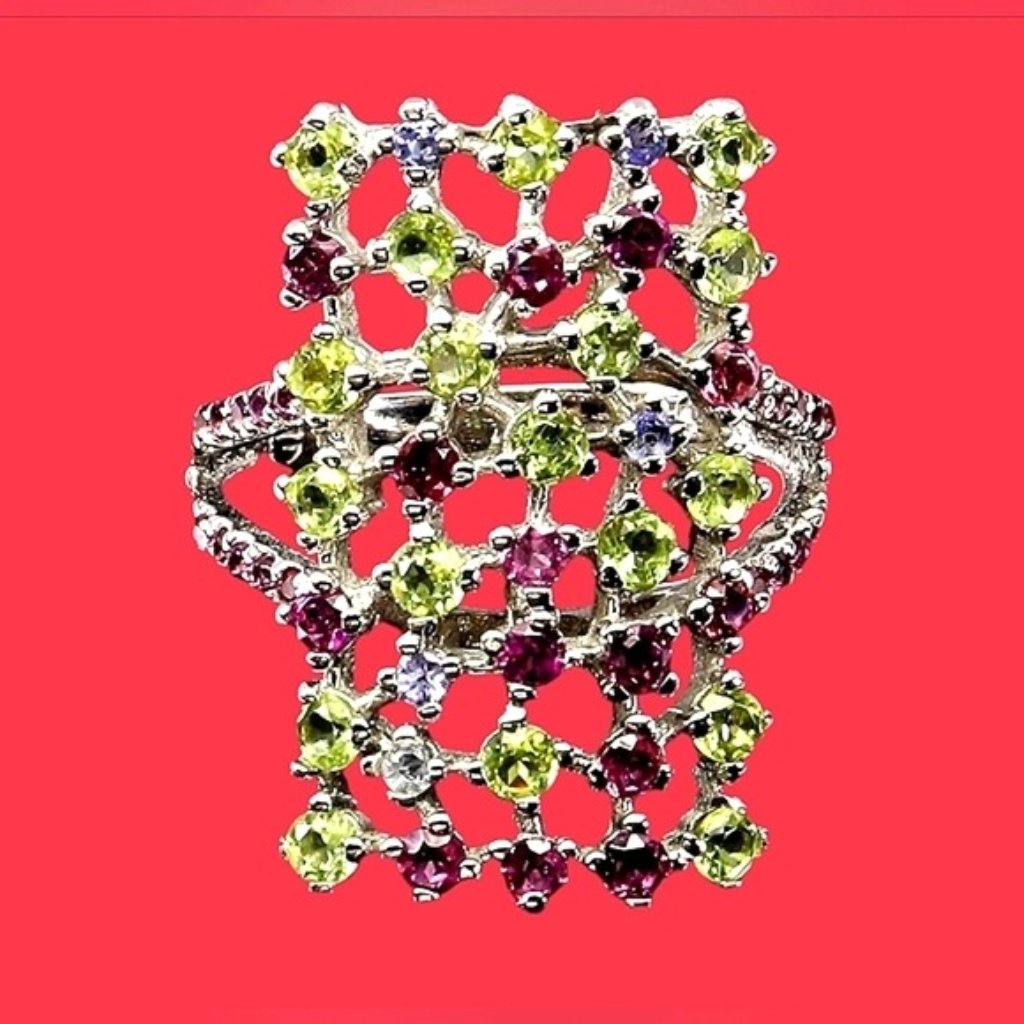 925 Sterling Silver Ring Sz 8.75 With Natural Peridot, Rhodolite Gemstones